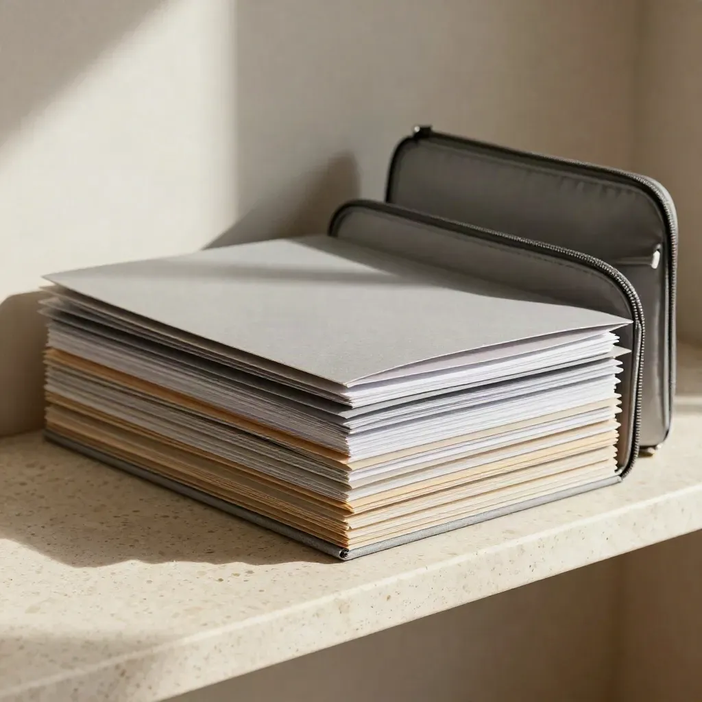 Tidy brand file set on a travertine shelf in warm afternoon light, with folders, sleeves, a zip case and export pouch.