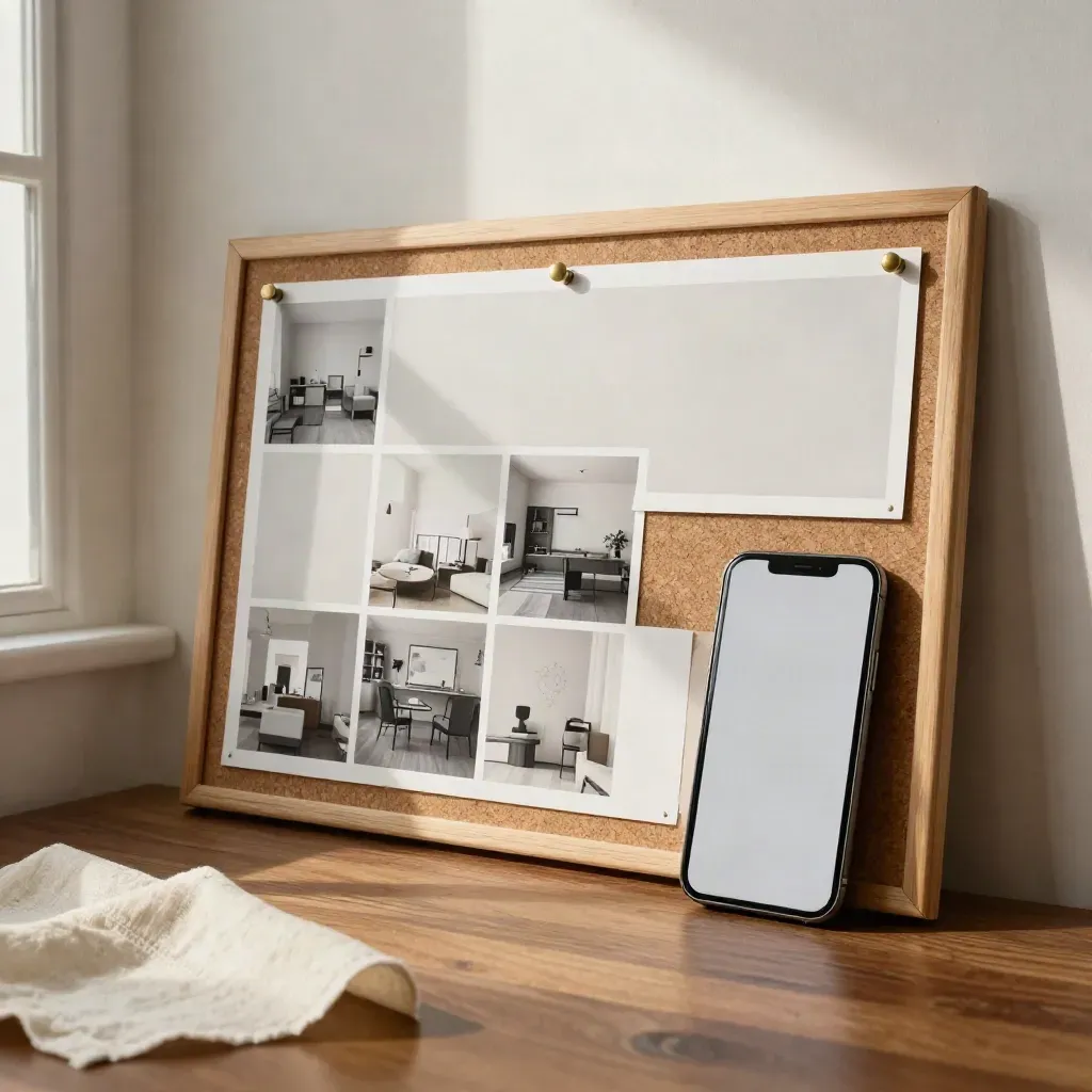 Mockup board with image tiles, blank headline block, and phone beside a cork board in soft morning light.