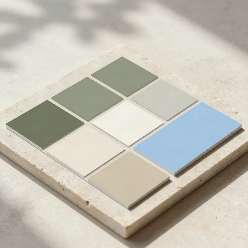 Square template prints, phone mockup, and color cards on a pale stone slab under slanting light.