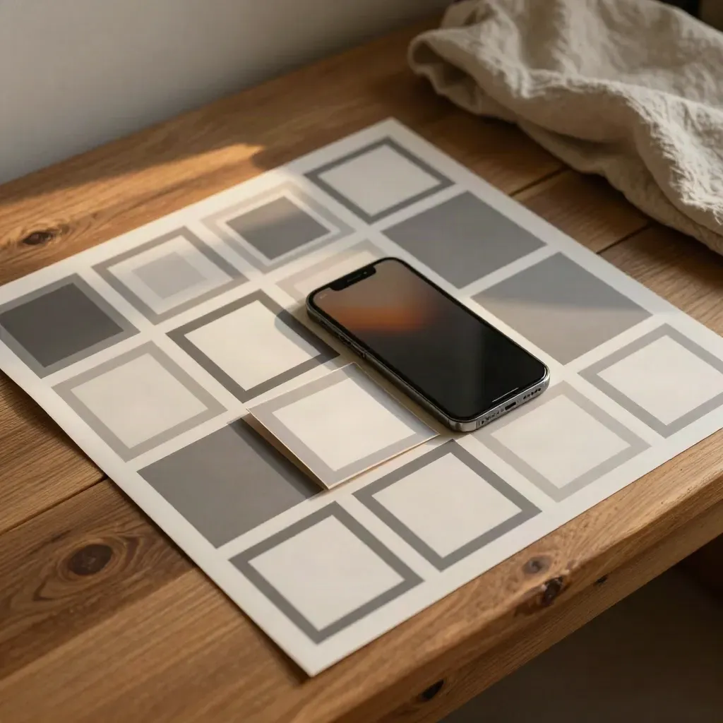 Square post tiles, phone mockup, and crop frames arranged on a warm wood bench in soft daylight.