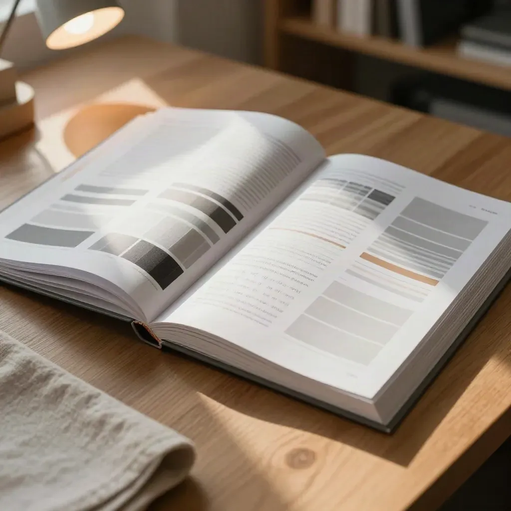 Opened style guide book with swatches and layout blocks on a warm studio bench.
