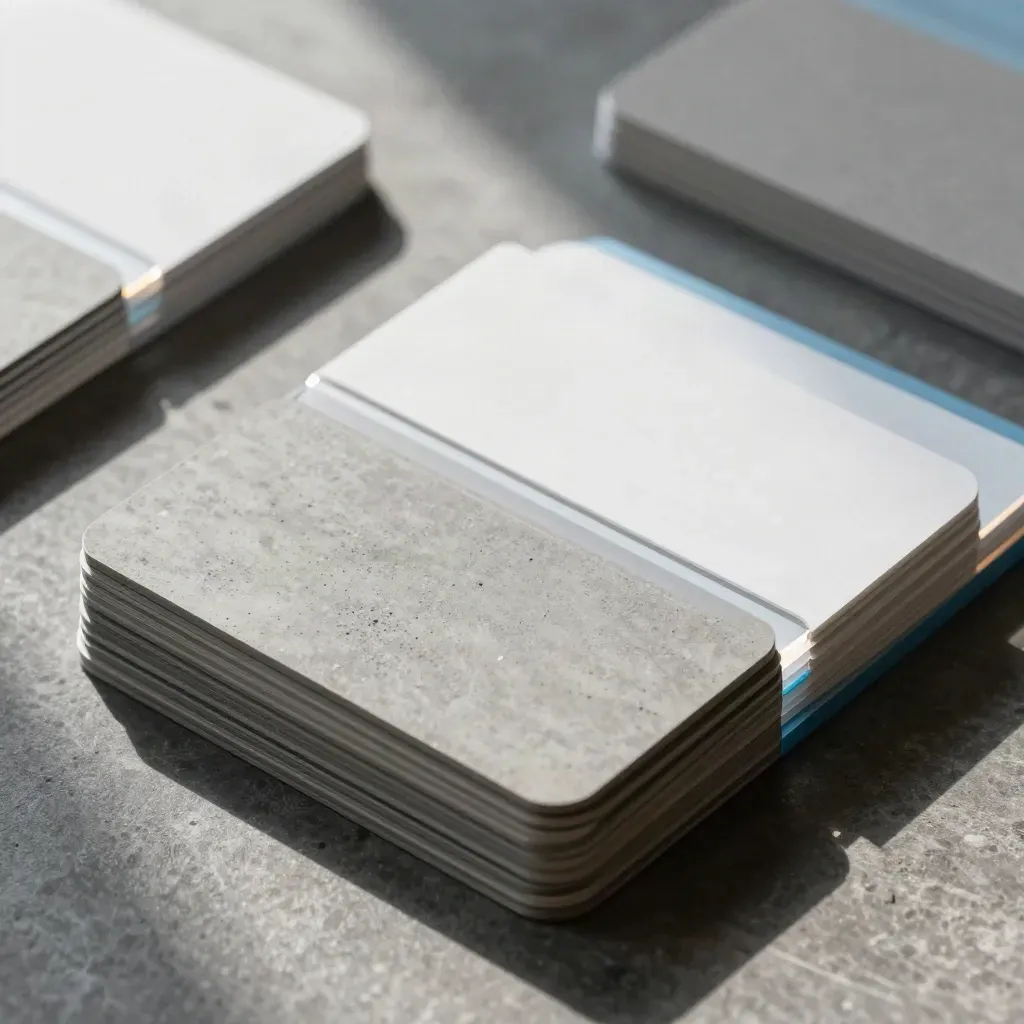 Modular service page blocks fanned on dark stone, lit by soft daylight with cool blue accents.