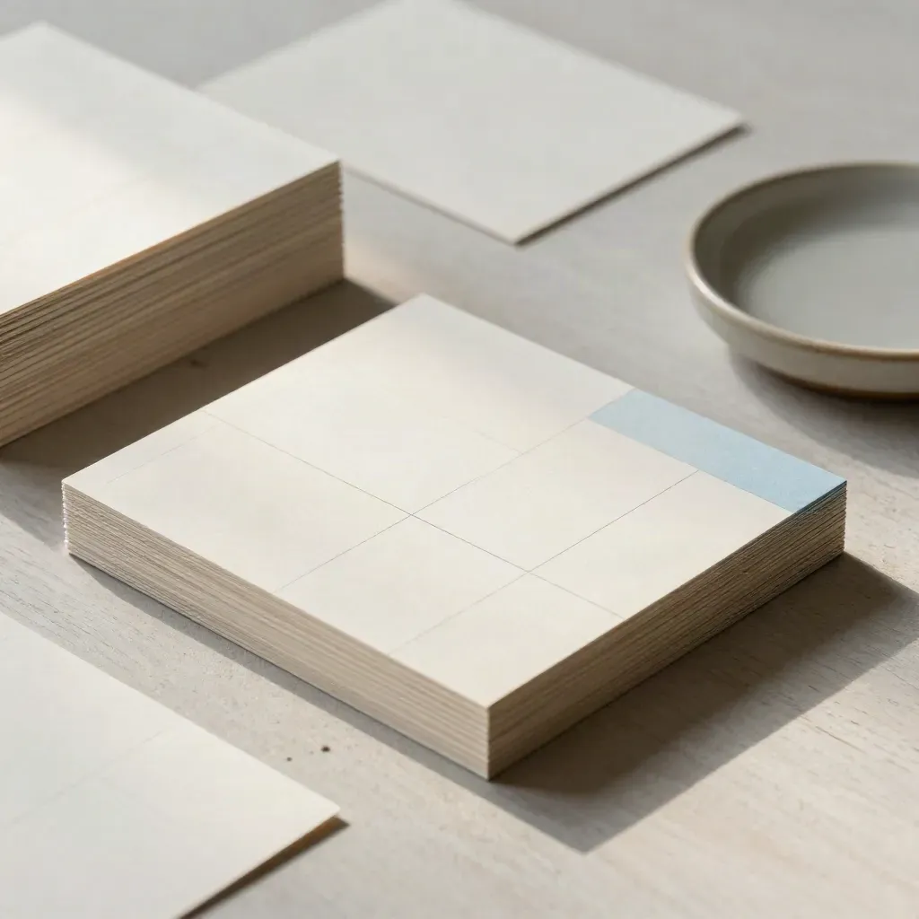 Overhead still life of modular presentation cards, paper block, and ceramic dish on pale oak.