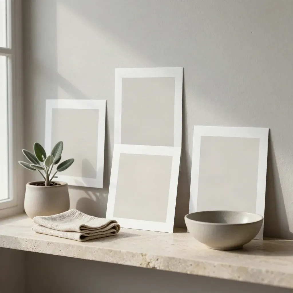 Square social post mockups on a stone shelf with linen, plant, and bowl in soft window light.